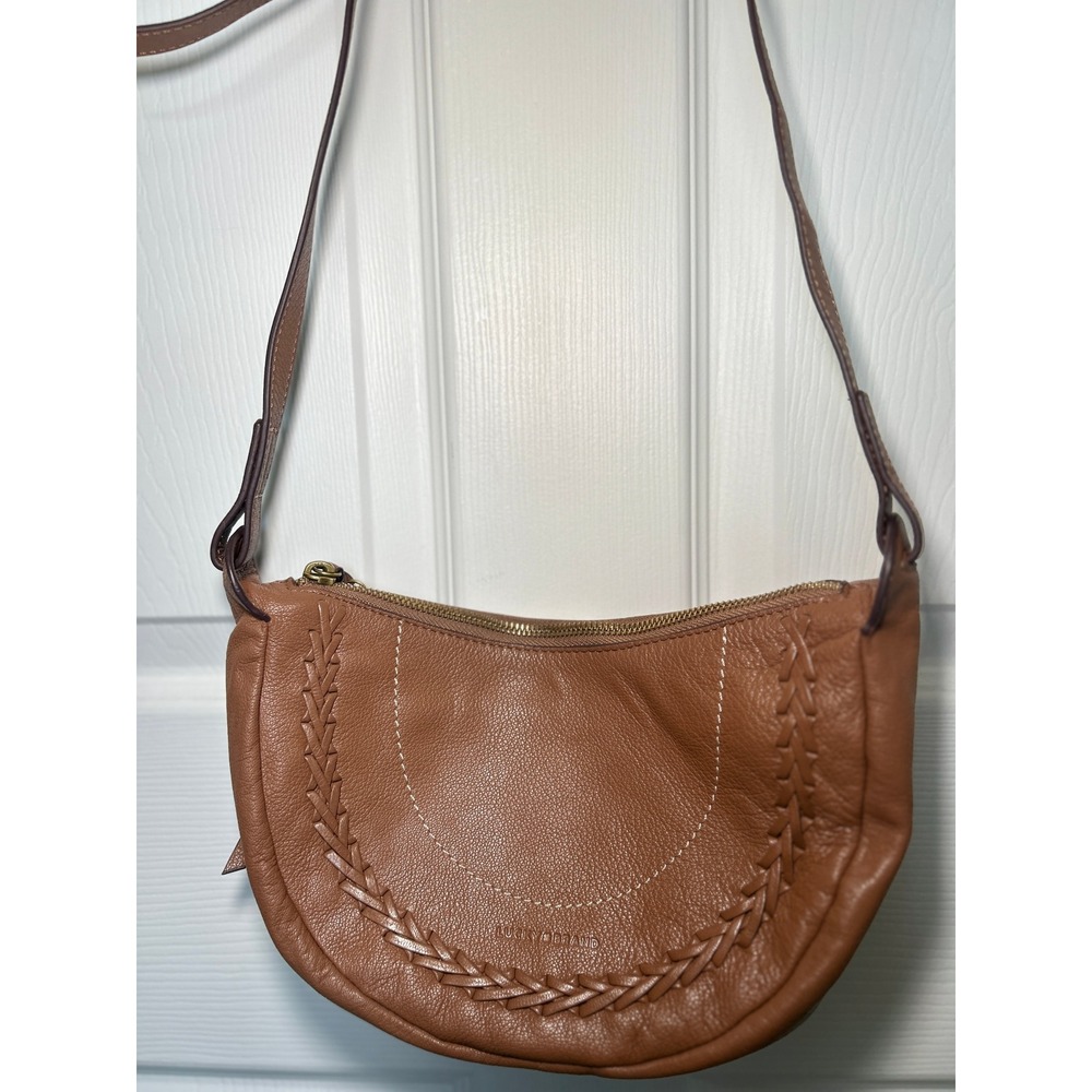 Lucky Brand Crossbody Bag Crescent Small Cognac Brown Leather Braided Boho
